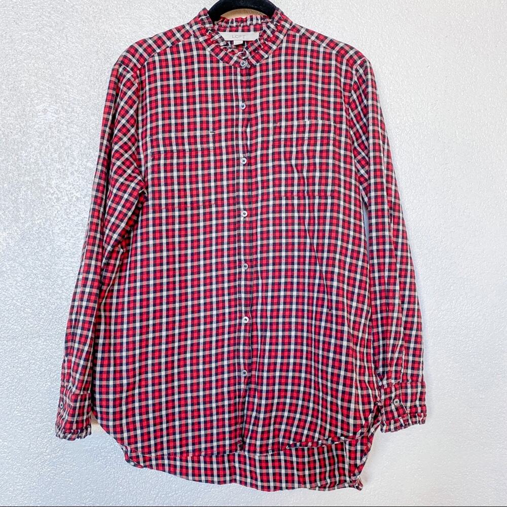 LOFT Red Plaid Ruffle Neck Button Down Top Size Medium